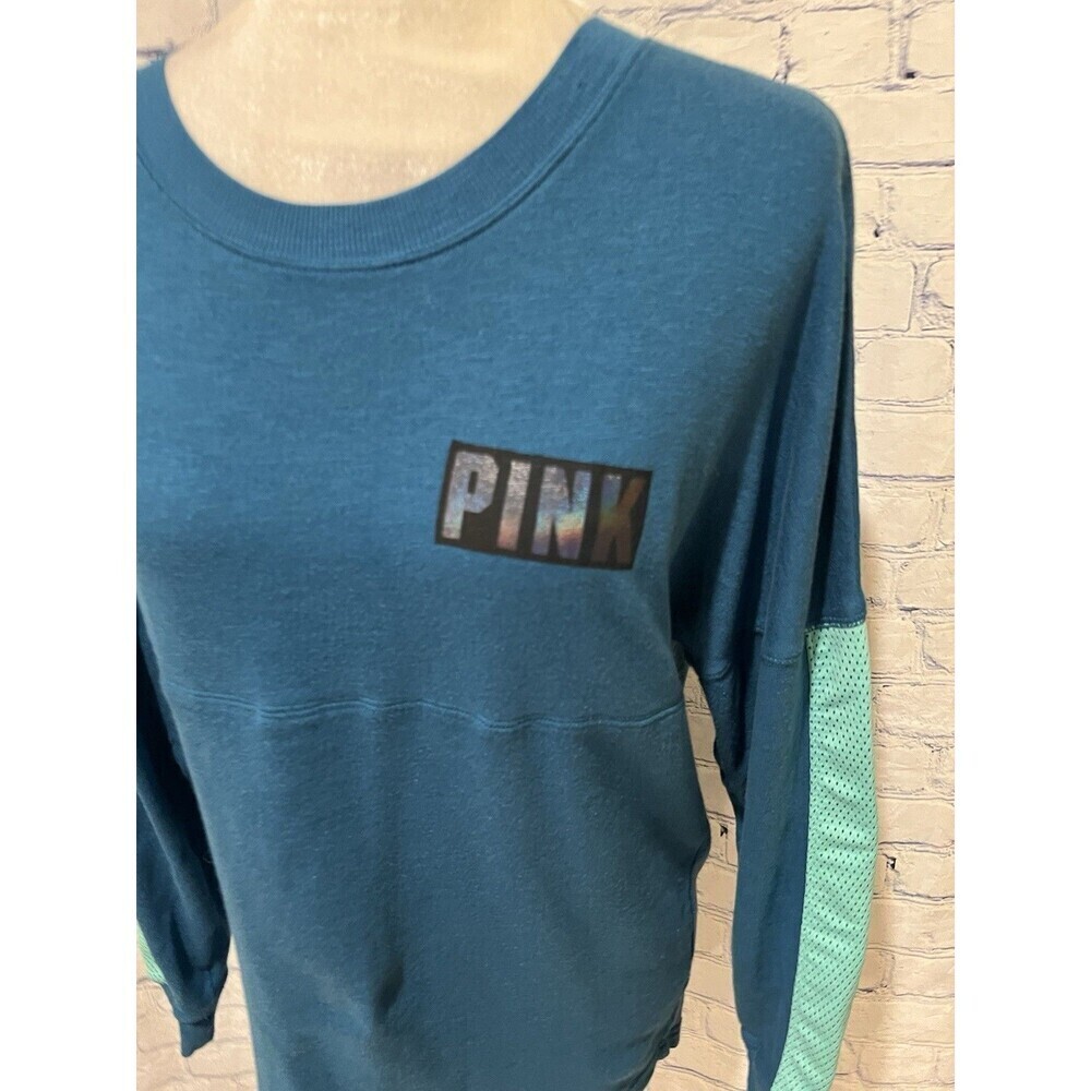 PINK Women's Blue Lightweight Mesh Long Sleeve Crewneck Sweatshirt - Size Small - Picture 2 of 7